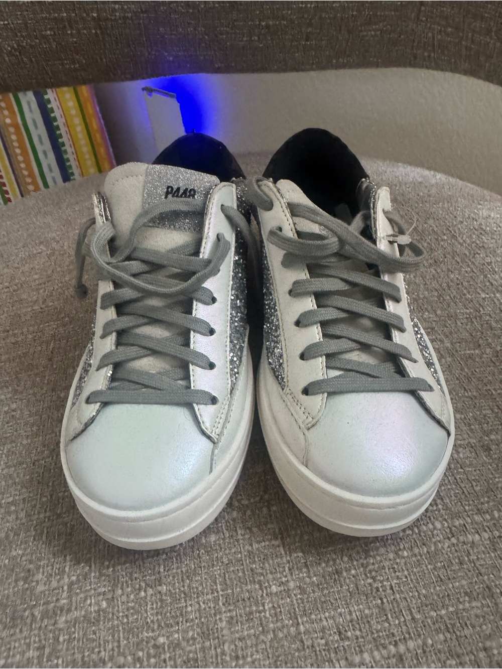 P448 Women's White and Silver Glitter Low-Top Sneakers